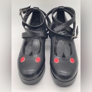 Bunny Face Platform Mary Jane Shoes Black Kawaii Goth Lolita Y2K Red Eyes Size 7